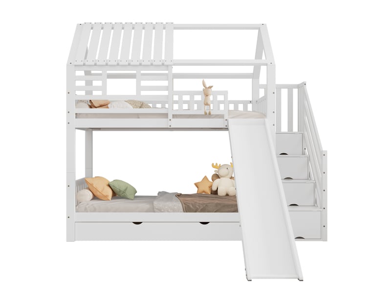  Lit superposé en pin et mdf blanc 90x200 cm avec escalier à rangements, toboggan, fenêtre, toit, barrière anti-chute et tiroir, lot de 2  - Conforama A