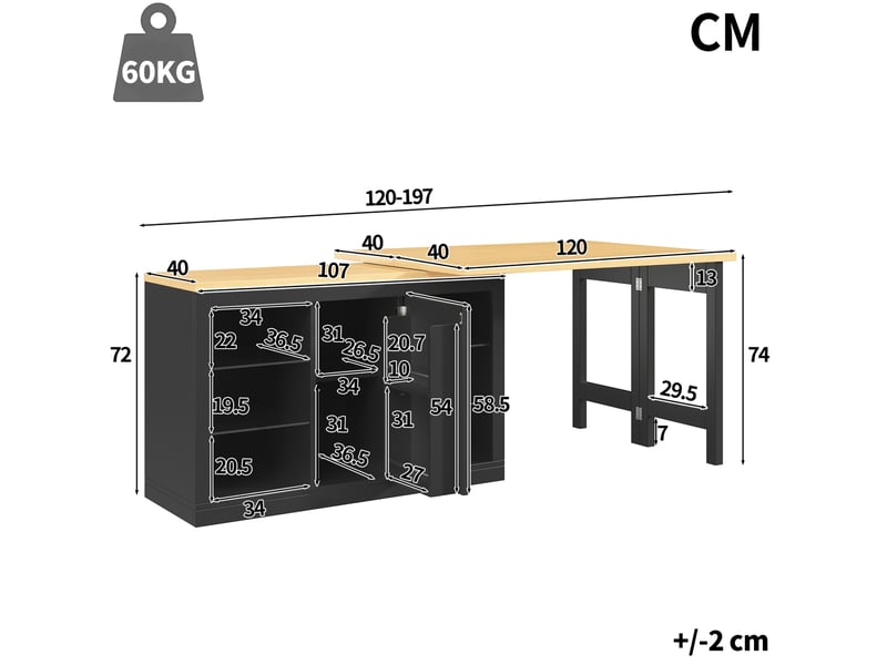  Îlot de cuisine avec table extensible et pivotante, led rgb, mdf noir  - Conforama E