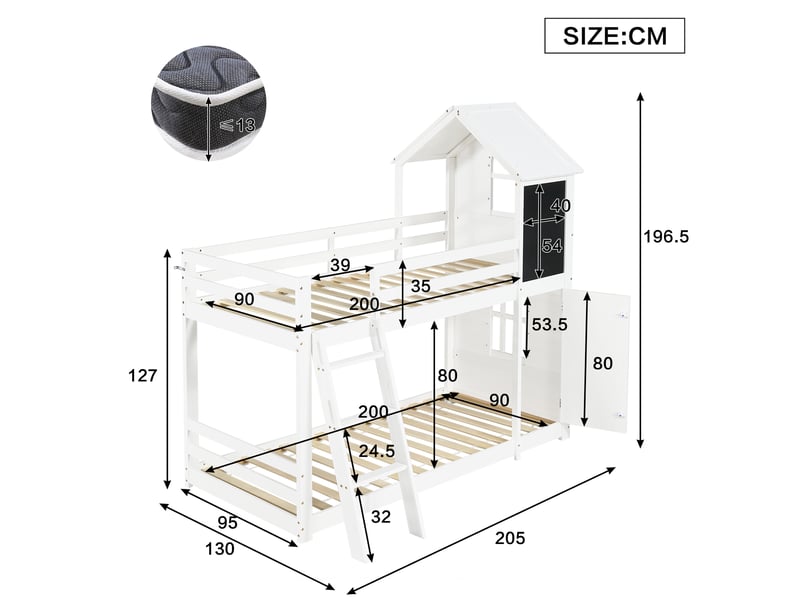  Modenvie lit superposé enfant 90x200 cm - avec tableau, fenêtres et toit, sans matelas - blanc  - Conforama C