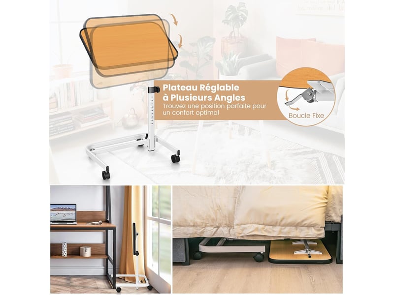 Table de lit à roulettes, bout de canapé pliable, hauteur réglable 73-93cm, peu encombrant pour manger ou travailler, pour hôpital, maison (naturel)  - Conforama C