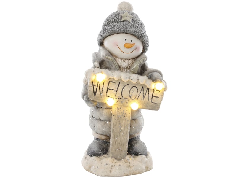  Décoration de noël : bonhomme de neige illuminé, statue de noël en mgo avec panneau de bienvenue, led et minuterie.  - Conforama A