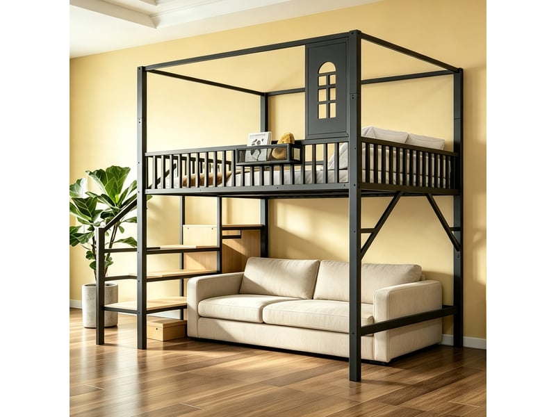 Lit mezzanine 140 x 200 cm, lit enfant surélevé, placard intégré, bureau intégré, échelle, 2 places, structure multifonction, métal, noir Morn Vibe - Conforama D