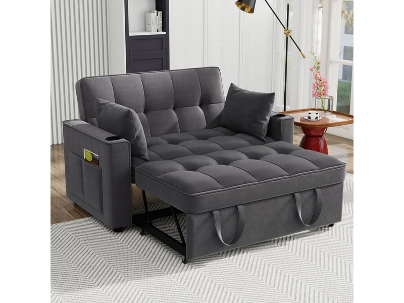Canapé-lit convertible 2 places 137x76,5 cm – gris – dossier 3 positions, porte-gobelets et pochettes - Conforama B