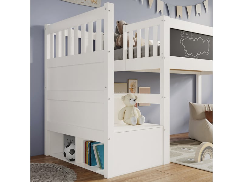  Lit mezzanine en bois et mdf, lit simple avec escalier réversible, 4 niches et tableau, 200x90 cm, sans matelas  - Conforama E