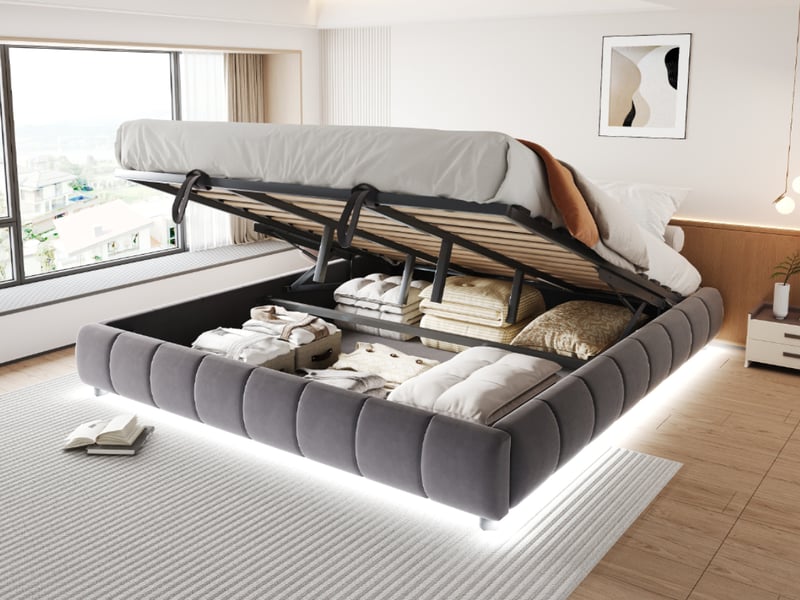  Lit plateforme flottant gris 180x200 cm - coffre hydraulique, éclairage led, sans tête de lit  - Conforama D