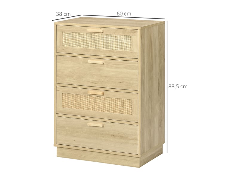  Commode en rotin à 4 tiroirs, en bois, pour la chambre, style bohème avec tressage, 60 x 38 x 88,5 cm, naturel  - Conforama E