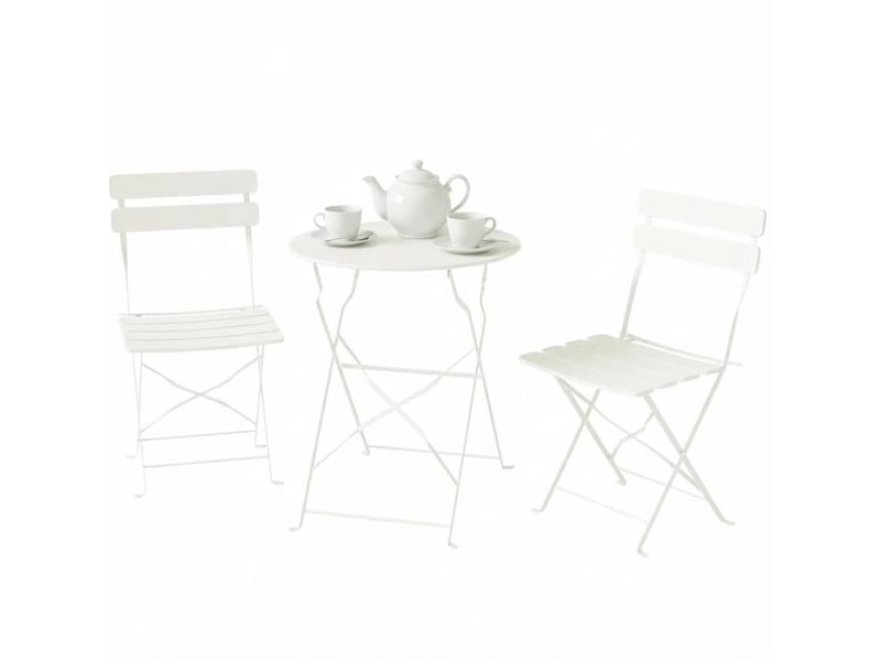 Salon de jardin pliant 3 pièces, table ronde ø58 cm et 2 chaises crème en métal, sans montage  - Conforama A