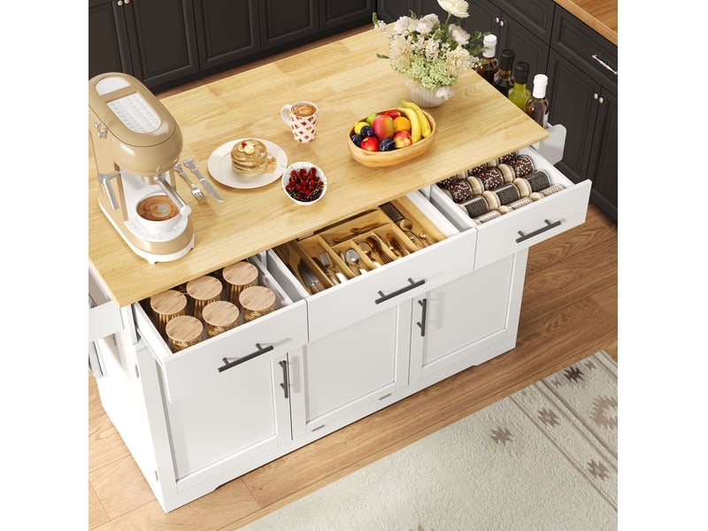 Îlot de cuisine mobile 136x75x92 cm blanc et naturel avec plateau rabattable - Conforama E