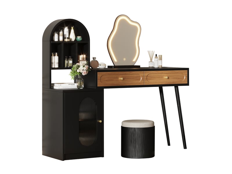  Coiffeuse avec miroir lumineux, plateau extensible, 2 tiroirs, noir et effet bois, 131 x 40 x 119,6 cm  - Conforama A
