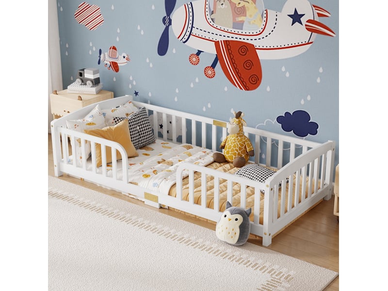  Lit enfant au sol 90 x 200 cm avec barrières de sécurité et entrée centrale, blanc  - Conforama B