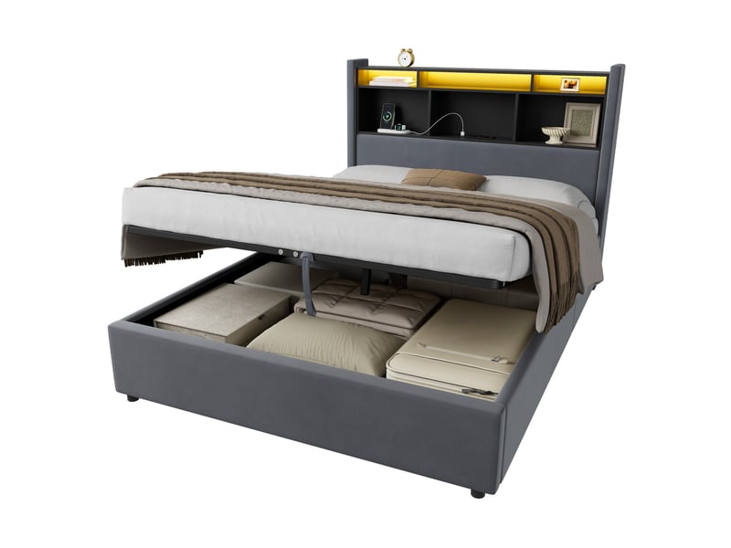  Lit coffre adulte 140x200 cm avec led, station de charge et rangement à ouverture hydraulique, velours gris foncé  - Conforama A