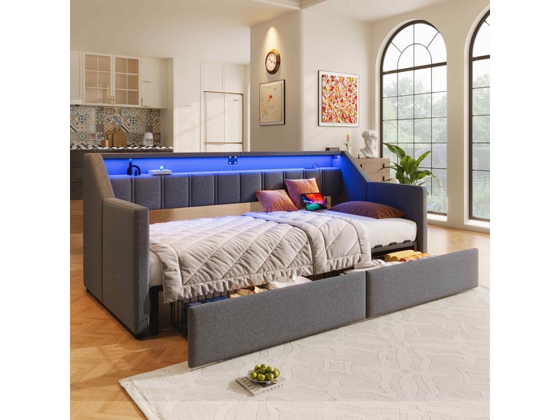  Lit enfant gigogne 90 x 200 cm design moderne, 2 tiroirs + poches, led, usb type-c, lin, mdf, gris sans matelas  - Conforama W