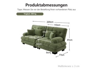Canapé 2 places vert en chenille, canapé nuage sans ressorts avec cadre en bois massif, assise profonde et coussins pour salon