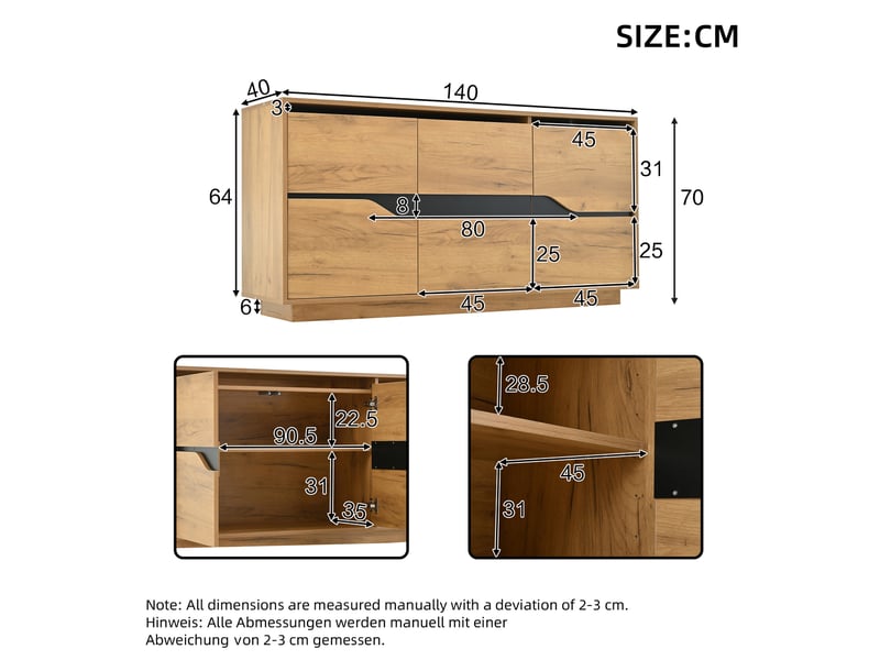 Buffet avec 3 portes et 5 étagères réglables, charnières à fermeture douce, coloris chêne et noir, 140 × 40 × 70 cm - Conforama D
