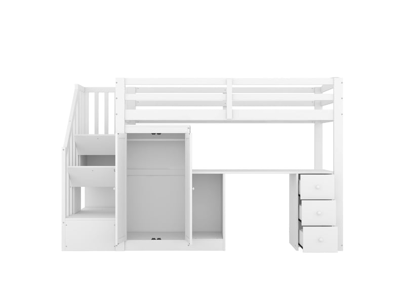 Lit mezzanine avec escalier 90x200, gain d'espace sécurisé avec bureau, commodes et garde-robe lit mezzanine - Conforama D