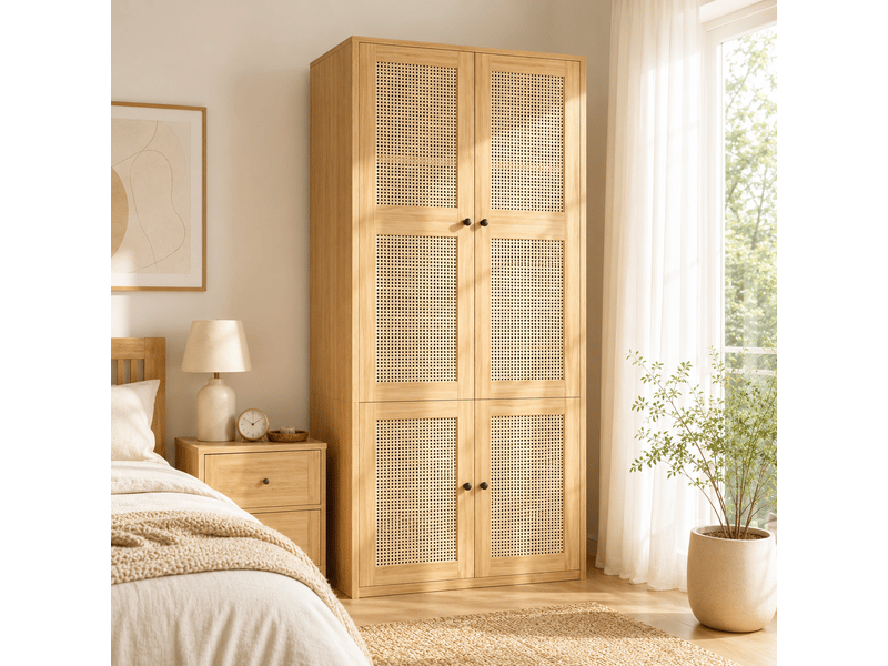 Armoire penderie 90 x 47 x 200 cm, portes en cannage rotin, 1 tringle, 3 tiroirs et 4 compartiments de rangement, mdf, naturel OMNIGLINT TRADING LTD - Conforama B