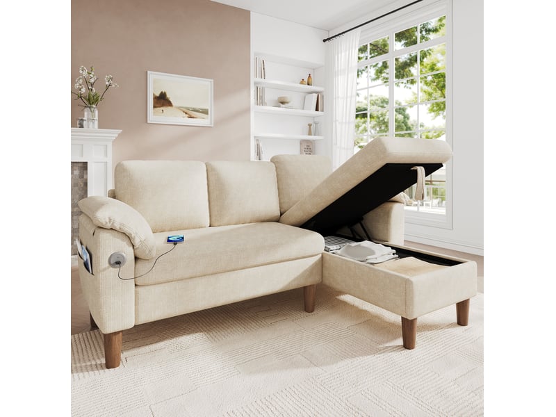  Canapé d'angle 3 places 181x125x88 cm méridienne réversible en chenille beige  - Conforama B