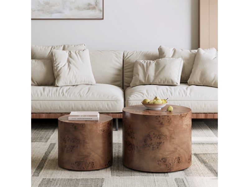  Lot de 2 tables basses gigognes - ø48x38cm et ø38x32cm - tables rondes tambour en bois motif loupe salon - marron  - Conforama D