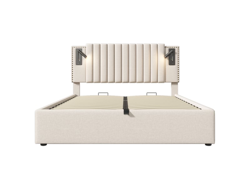 Lit coffre 160x200 beige en tissu, tête de lit réglable avec led, usb et rangements pour chambre adulte  - Conforama D