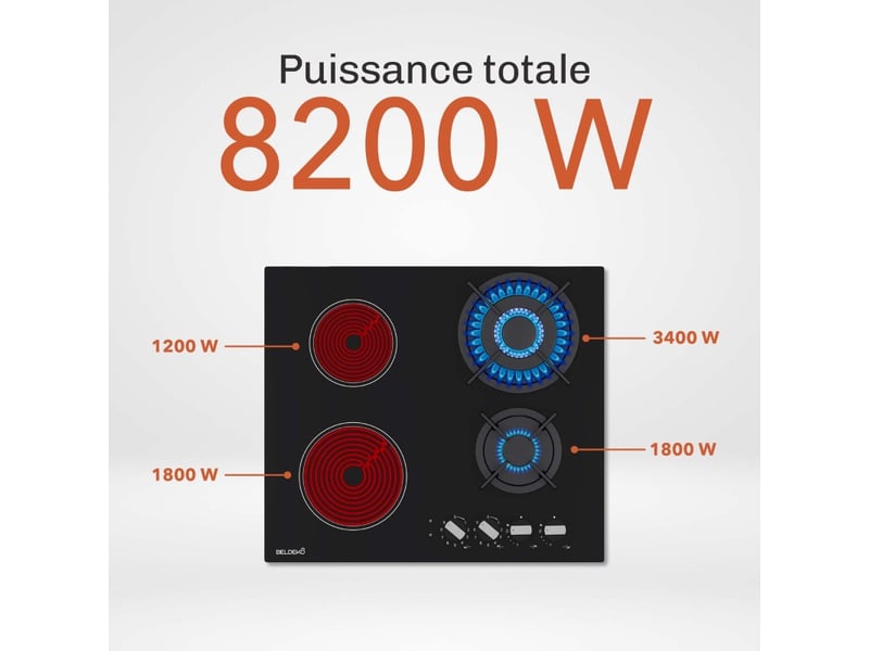 Plaque de cuisson mixte gaz et vitrocéramique 4 foyers - double couronne - 8200 w - manettes - Conforama C