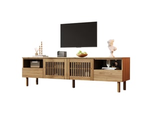 Meuble tv bas 180x40x51 cm en mdf avec 2 portes cannage, 2 tiroirs et rangements ouverts, pieds en bois - naturel