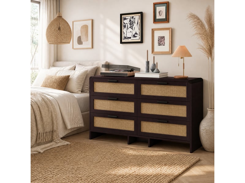  Commode d'angle avec 6 tiroirs en rotin pour salon 130×40×74 cm en panneaux de particules brun rougeâtre  - Conforama B