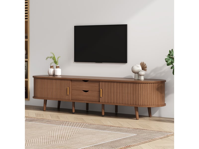  Meuble tv salon 170x40x42 cm en mdf avec portes coulissantes, 2 tiroirs, rangement réglable et design arrondi moderne - noyer  - Conforama C