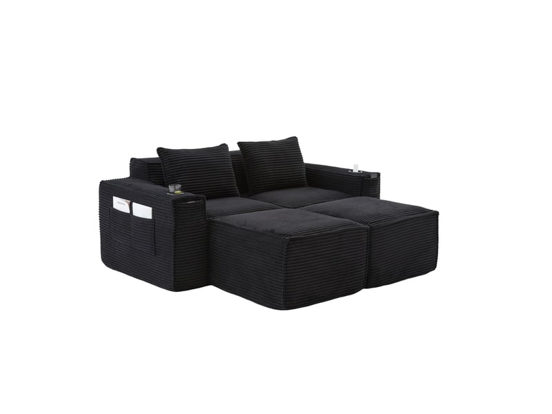  Canapé 2 places avec 2 poufs 188x162x75 cm en velours côtelé noir  - Conforama D