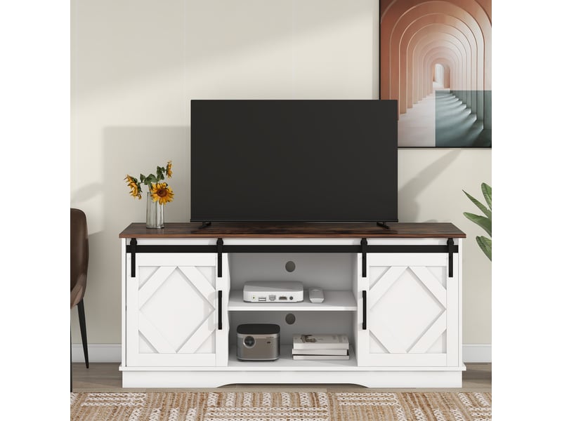 Meuble tv banc tv - support télé jusqu'à 65 pouces 2 portes coulissantes étagères ouvertes moderne salon - 150cm - blanc - Conforama E