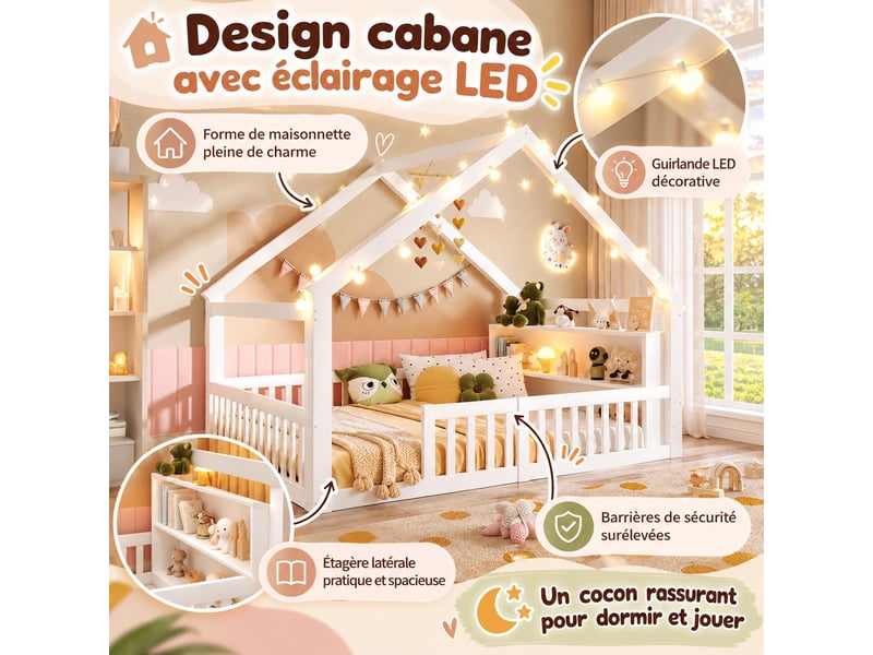  Lit cabane enfant 140 x 190 cm en pin avec guirlande led, barrières et étagères latérales gain de place, blanc  - Conforama B