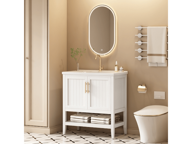  Meuble de salle de bain 80 cm sur pied avec vasque en céramique brillante blanc  - Conforama C