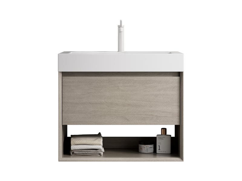  Meuble sous vasque suspendu avec 1 tiroir et 1 étagère ouverte, vasque en résine, salle de bain, 70×46×60 cm  - Conforama A