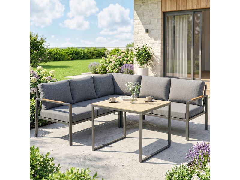  Salon de jardin extérieur 3 pcs 5 pl. 2 canapés avec coussins épais, 1 table basse,gris foncé  - Conforama D
