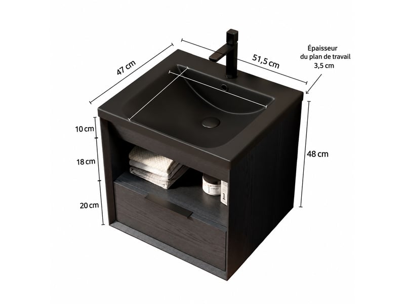  Meuble vasque suspendu de 51 cm avec vasque intégrée en céramique, tiroir et étagère, noir  - Conforama E
