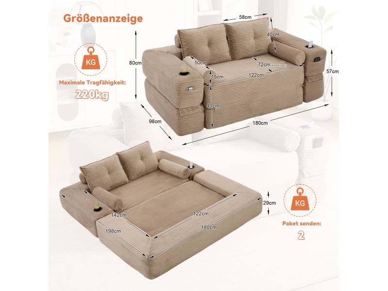  Canapé convertible 2 places avec poches latérales, porte-gobelet et coussins mémoire en velours côtelé kaki  - Conforama C
