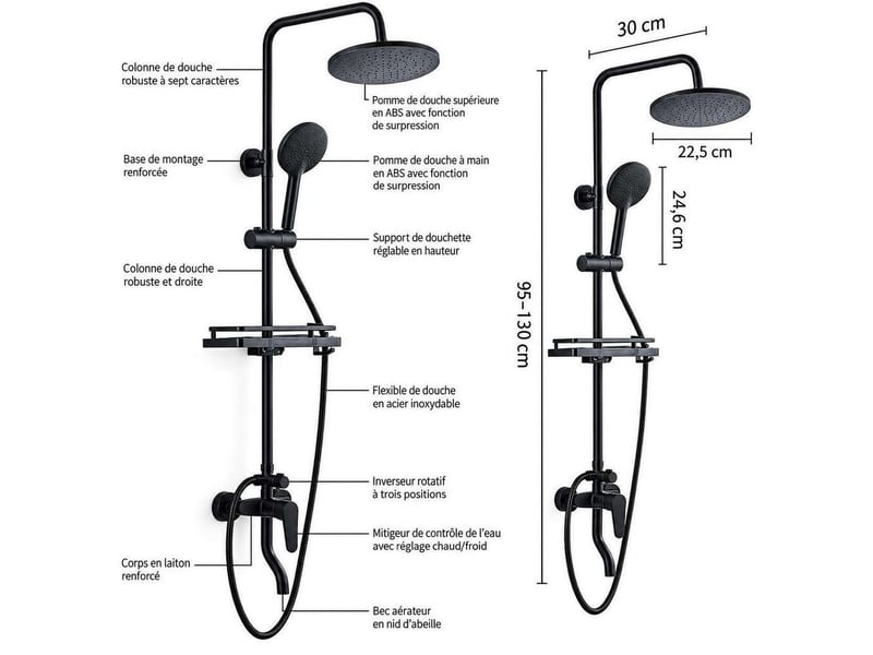  Colonne de douche noire hauteur réglable avec mitigeur et tablette – effet pluie  - Conforama D