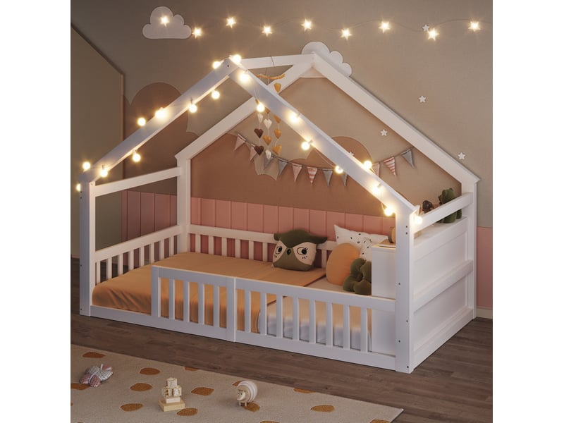  Lit enfant 90x190 cm avec éclairage led et rangements en bois blanc  - Conforama B