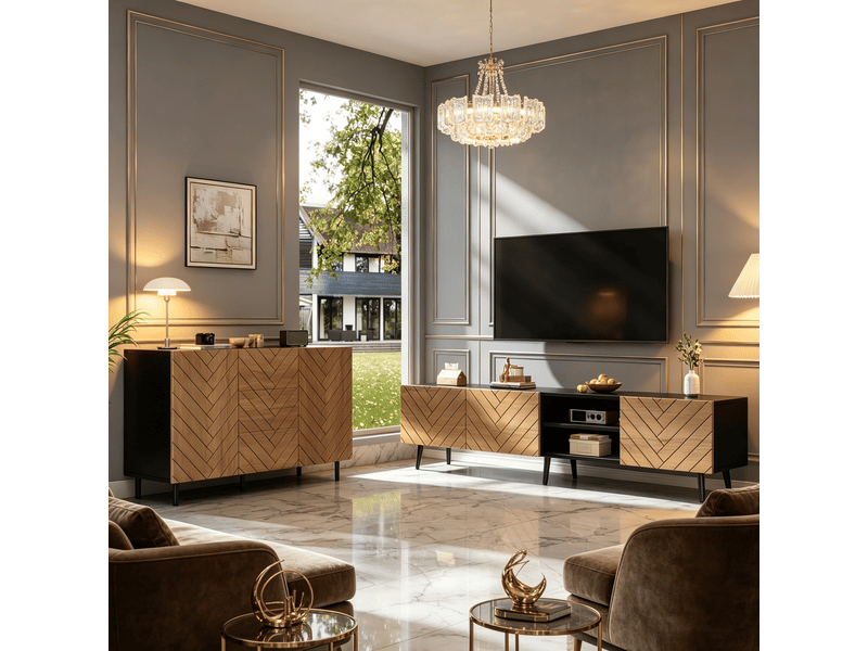 Ensemble meuble tv et buffet pour salon, meuble tv 180 cm pour téléviseur jusqu'à 75 pouces, effet bois et noir mat - Conforama B