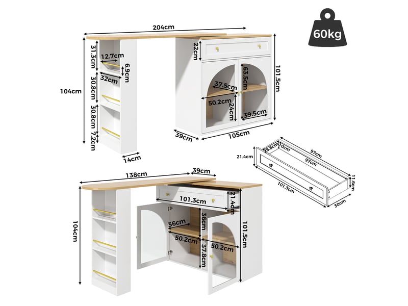  Table de bar extensible pivotante 138-204 x 39 x 104 cm avec rangement, blanche  - Conforama C