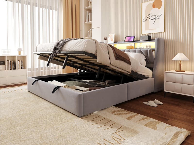  Lit coffre 180x200 cm velours gris clair, tête rabattable, rangements intégrés, led et prise électrique  - Conforama D