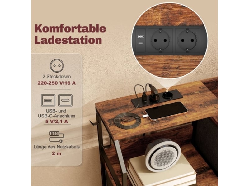 Commode 8 tiroirs en tissu cadre acier marron rustique noir avec station de charge intégrée - Conforama E