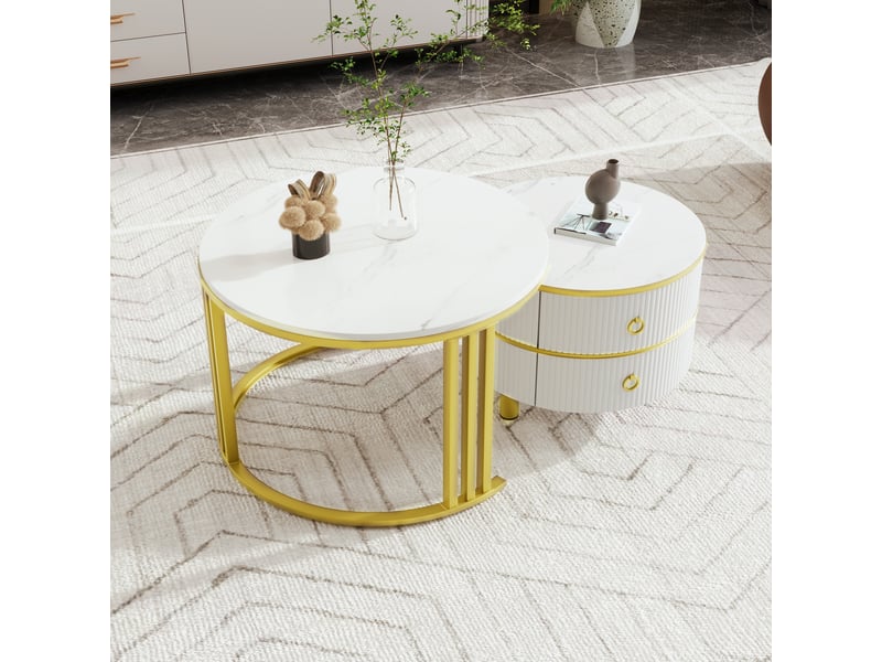  Tables basses 70x70x46 et 50x50x40 cm gigognes, 2 tiroirs, mdf décor marbre et pieds en métal doré, blanc ABC - Conforama D