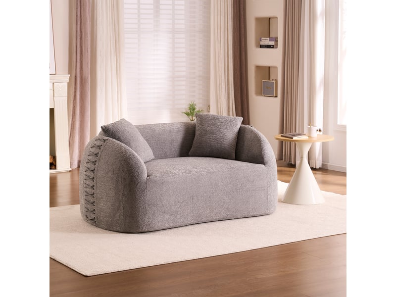  Canapé 2 places en chenille 155x90 cm, canapé courbé modulable avec accoudoirs tressés, coussins inclus, sofa compact sans montage - gris  - Conforama C