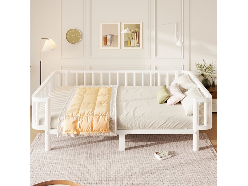  Lit double 140 × 200 cm en métal, à barres renforcées, lit et canapé blanc pour chambre 209 × 148 × 57 cm  - Conforama D
