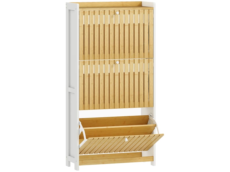  Meuble à chaussures 18 paires avec 3 tiroirs rabattables, portes en bambou à lattes, blanc et bois naturel, 60x24x118cm  - Conforama B