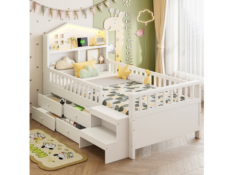  Lit cabane enfant 90x200 avec 4 tiroirs et led evryae  - Conforama C