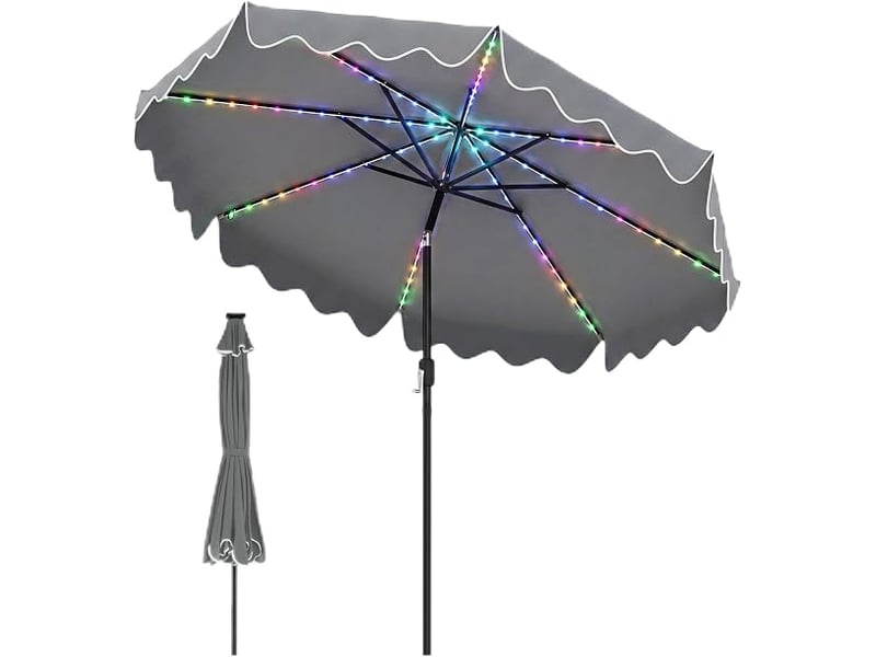 Parasol de jardin exterieur led 2,8m, parasol inclinable volants 30°, 104 leds, 12 modes, luminosité réglable, panneau solairetype c, 8 baleines - Conforama A