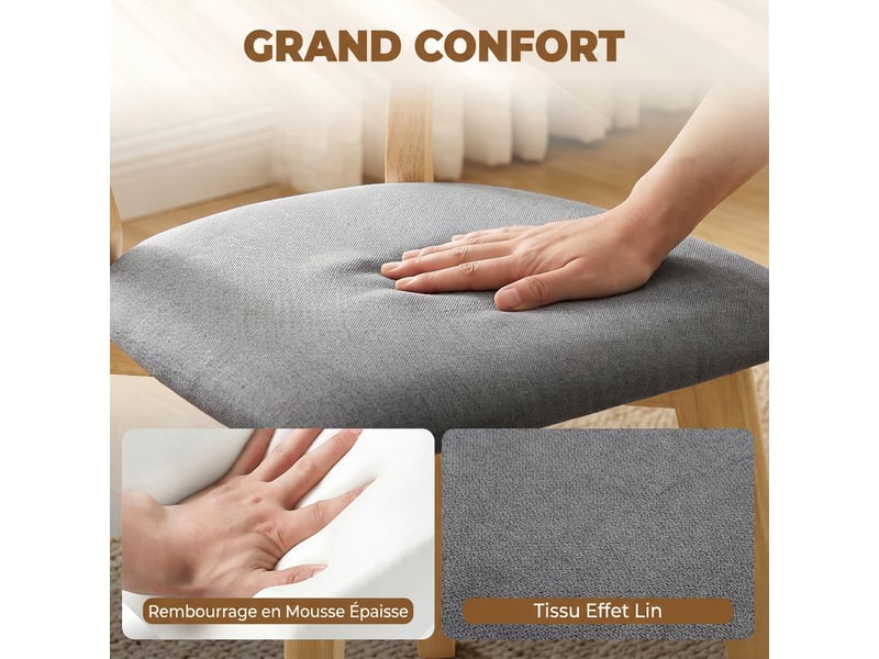  Lot de 4 chaises de salle à manger, chaises cuisine, assise rembourrées en lin, dossier incurvé, gris et bois naturel  - Conforama R