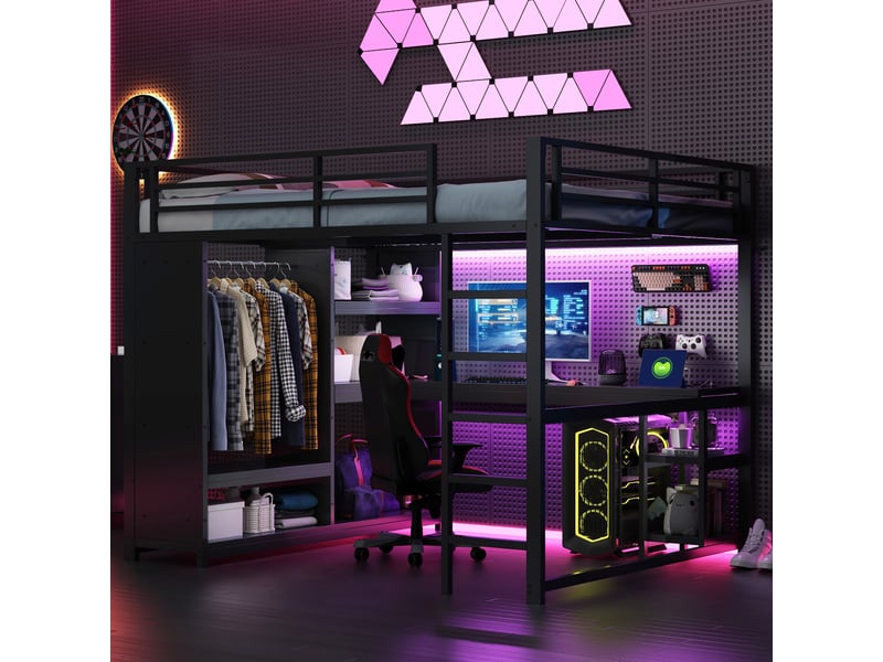 Lit mezzanine gaming 160x200 cm noir, avec bureau, led, rangements, penderie, structure métal, sommier inclus, sans matelas - Conforama B