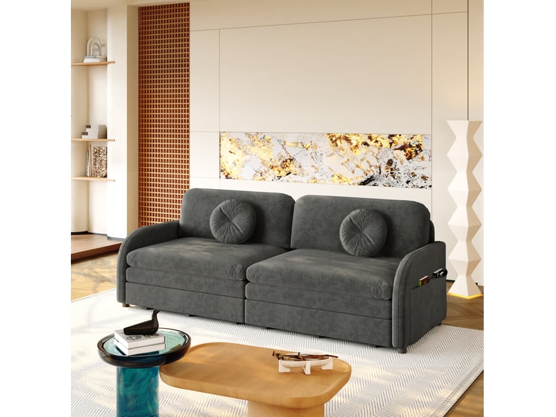  Canapé convertible 3 places 206x84x90 cm en chenille avec poches de rangement gris chicfurn  - Conforama B